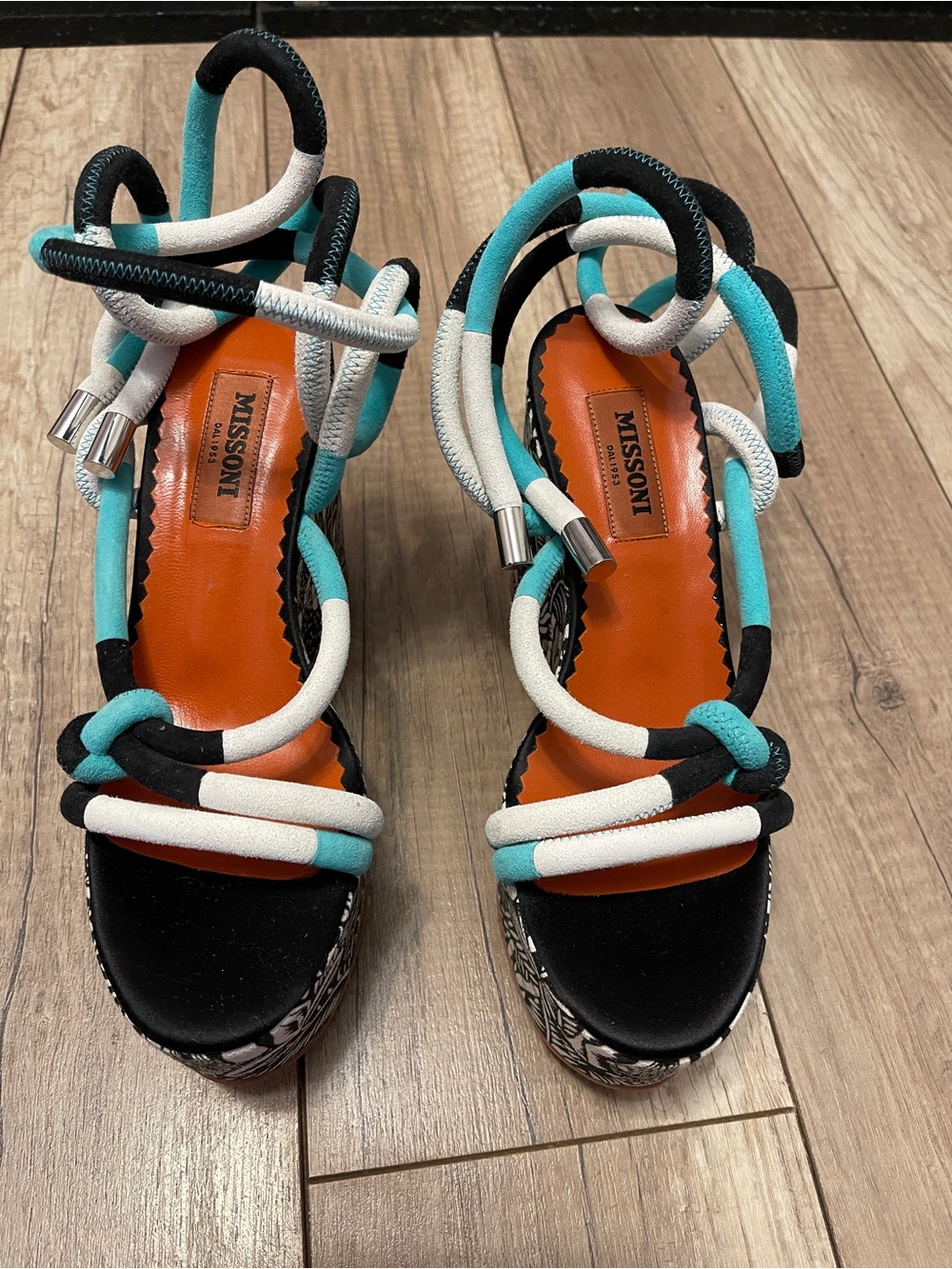 Missoni Turquoise, White & Black Rope Strap Heeled Sandals